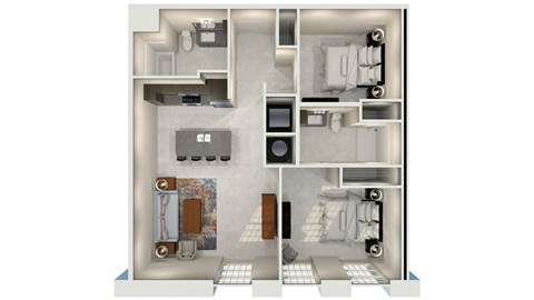 Floor plan for 2 beds, 2 baths, 983 sqft